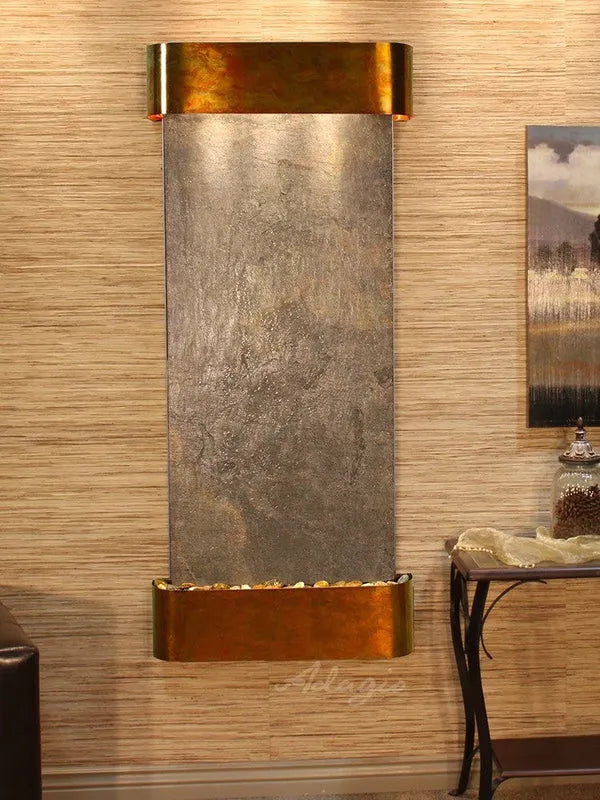 Adagio Inspiration Falls Wall Mounted Water Feature (30” x 69” x 6”) - Green FeatherStone / Rustic Copper