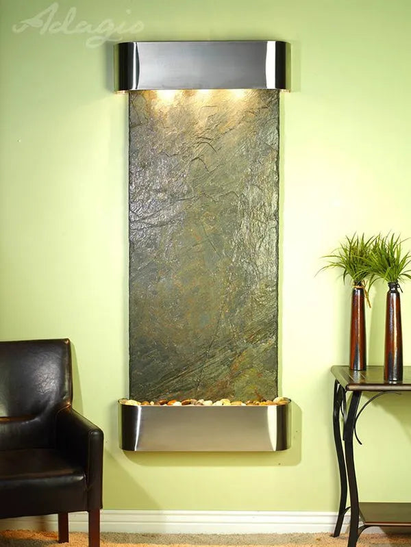 Adagio Inspiration Falls Wall Mounted Water Feature (30” x 69” x 6”) - Green Natural Slate / Stainless Steel
