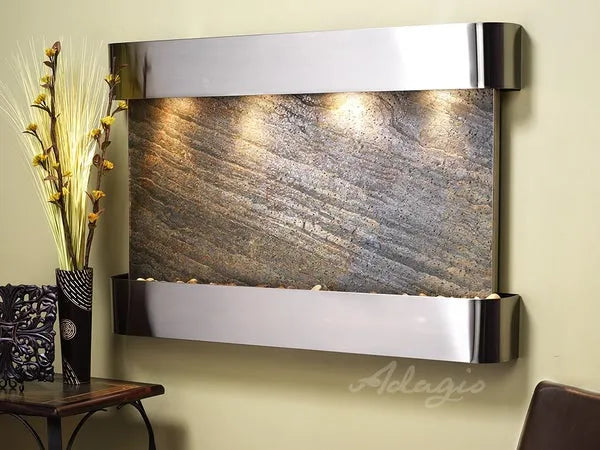 Adagio Sunrise Springs Wall Mounted Water Feature (35” x 52” x 6”) - Green FeatherStone / Stainless Steel