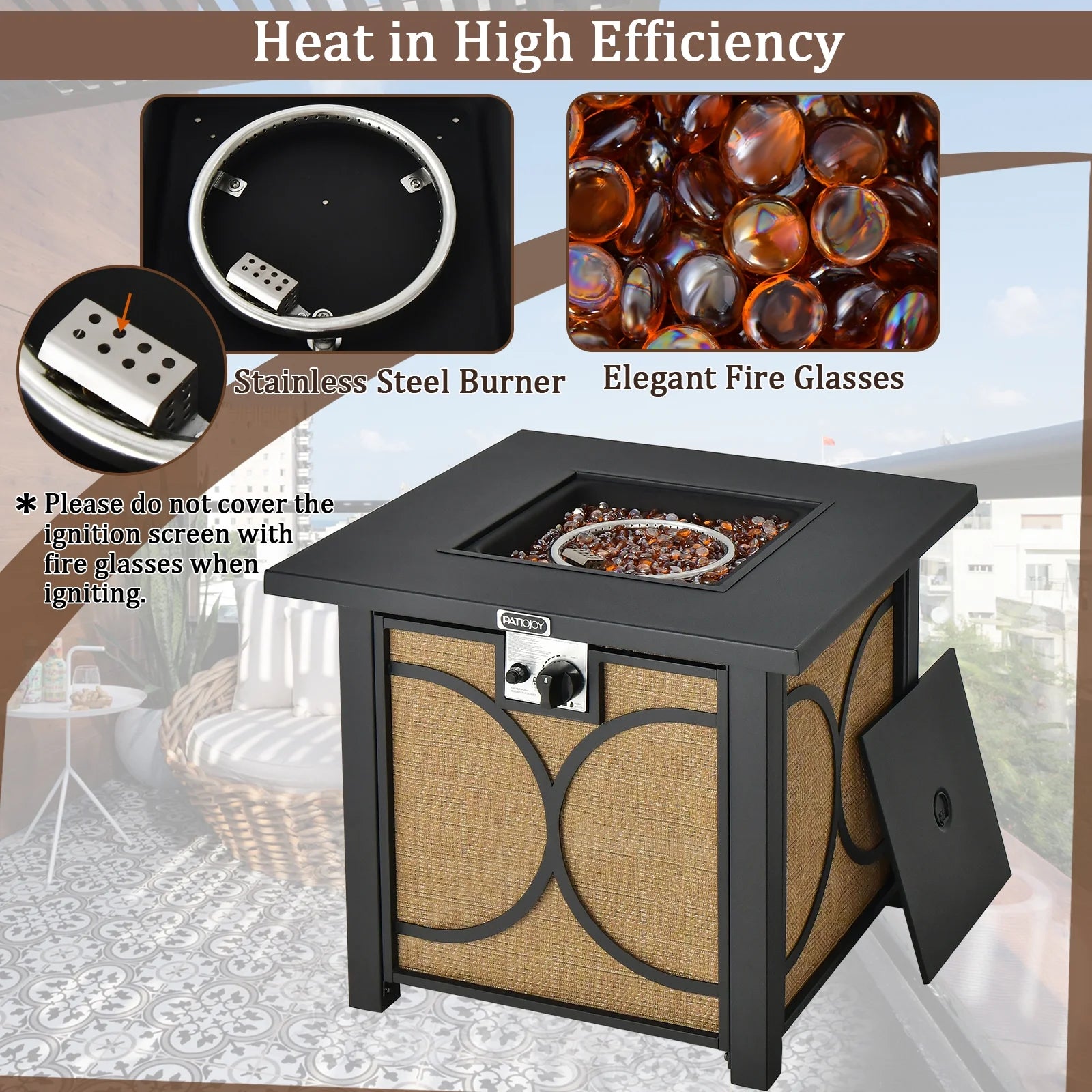 28 Inch Outdoor Square Fire Pit Table 50,000 BTU Propane Gas Fire Table W/ Fire Glasses & PVC Protective Cover