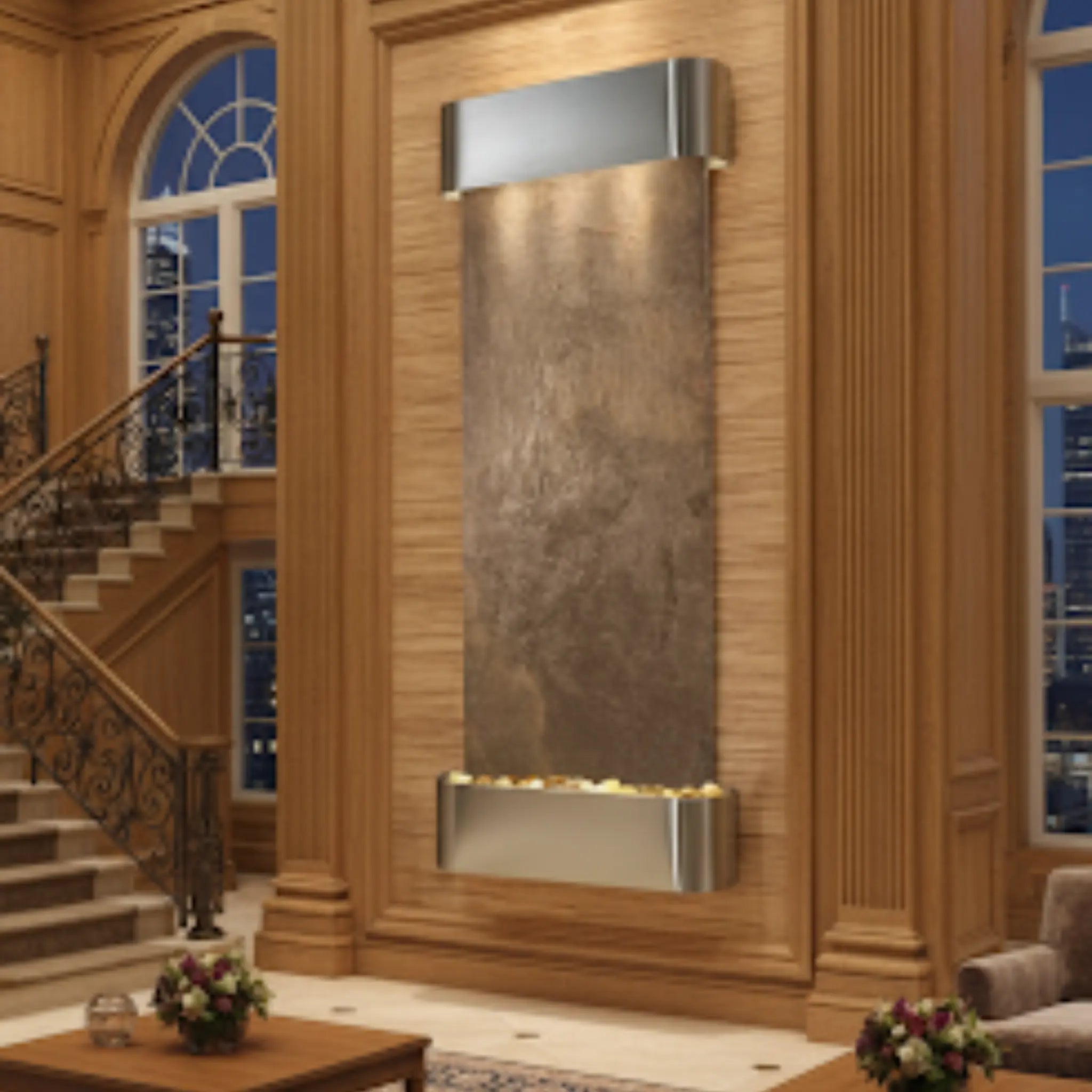 Adagio Inspiration Falls Wall Mounted Water Feature (30” x 69” x 6”) - Green FeatherStone / Stainless Steel